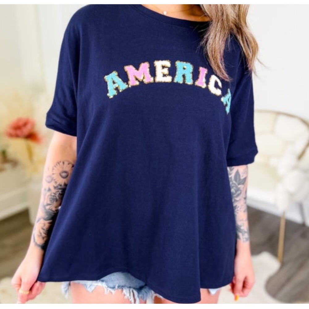 Fantastic Fawn Womens America Graphic Tee Navy Blue Oversized Sequin Chenille M